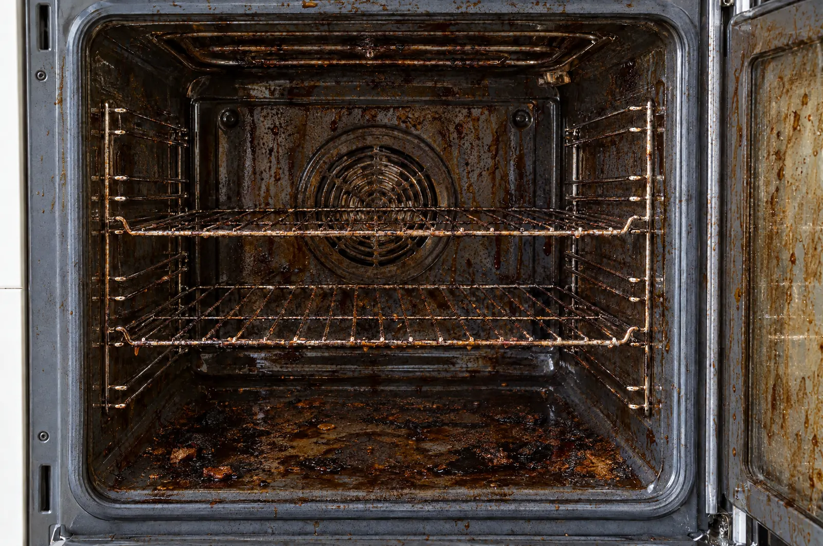 An oven interior before cleaning: burnt-on grease and crumbs. Sample image.