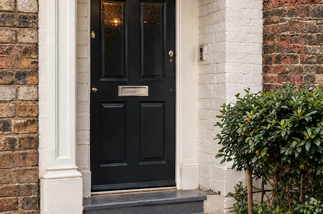 Sample photo: a front door in East London at dusk.