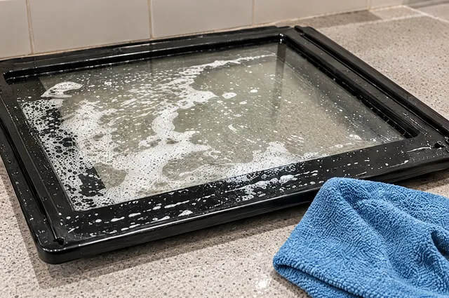 Sample photo: the oven door glass being cleaned.